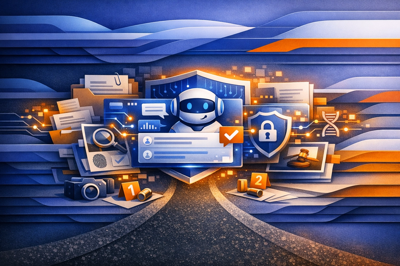 AI assistant visual integrated with legal documents and evidence folders