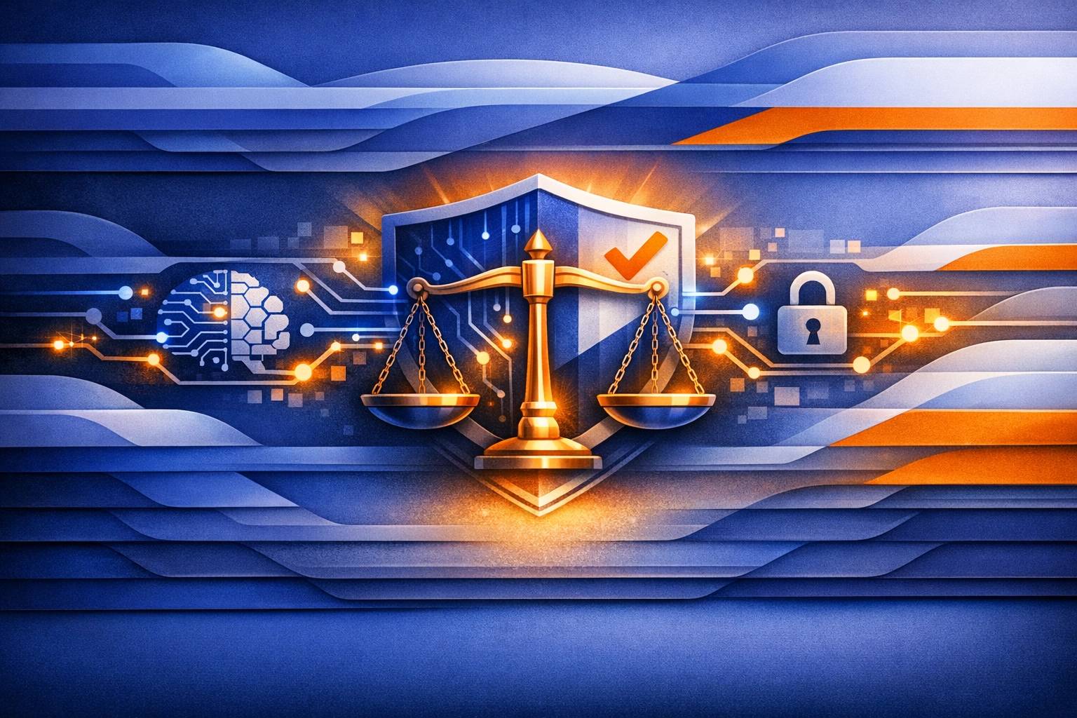 Balanced scales and AI circuit motif representing ethics and risk control
