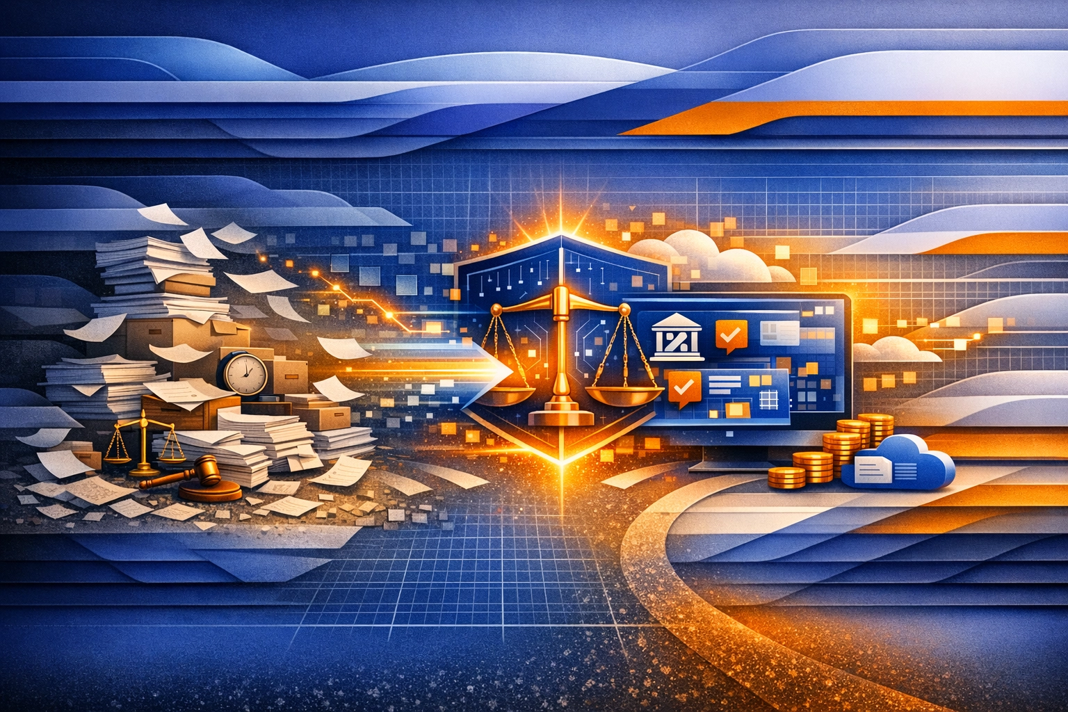 Abstract courtroom and digital workflow concept showing legal modernisation