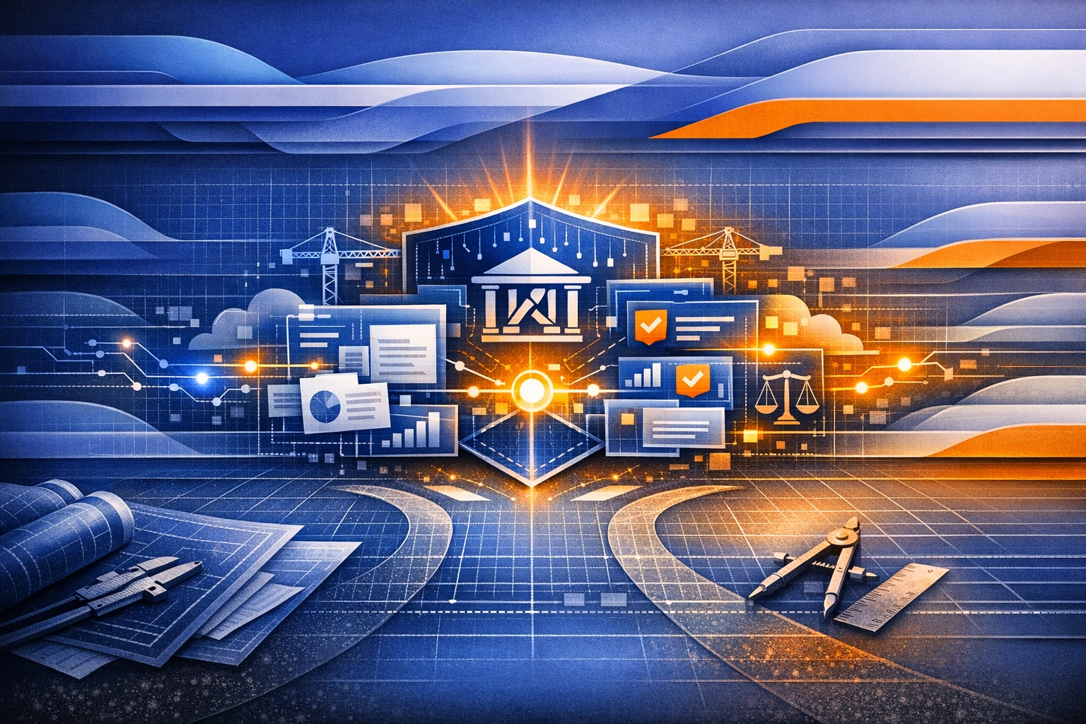 Foundational legal platform concept with connected folders and collaboration nodes