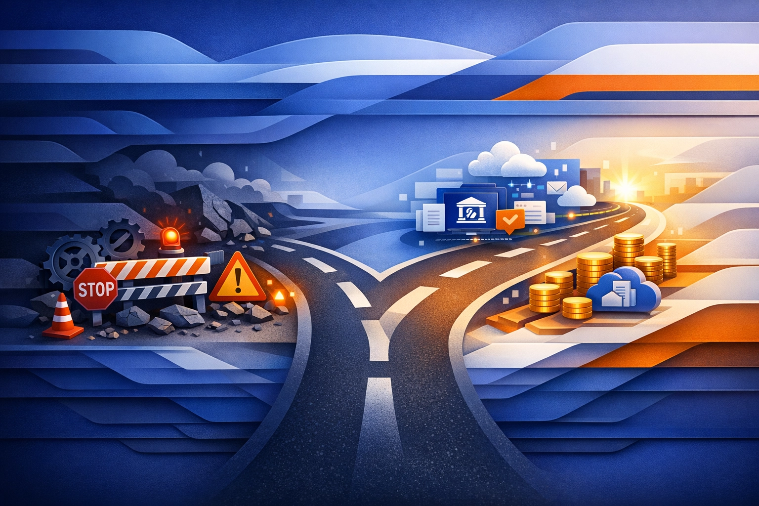 Legal team decision crossroads symbolising cost of delayed transformation