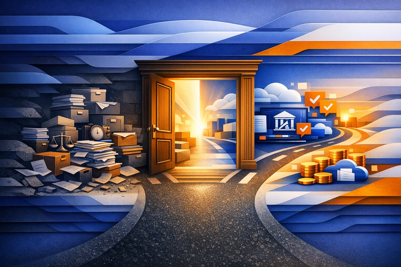 Barrister workflow transition concept with chambers architecture and modern digital tools