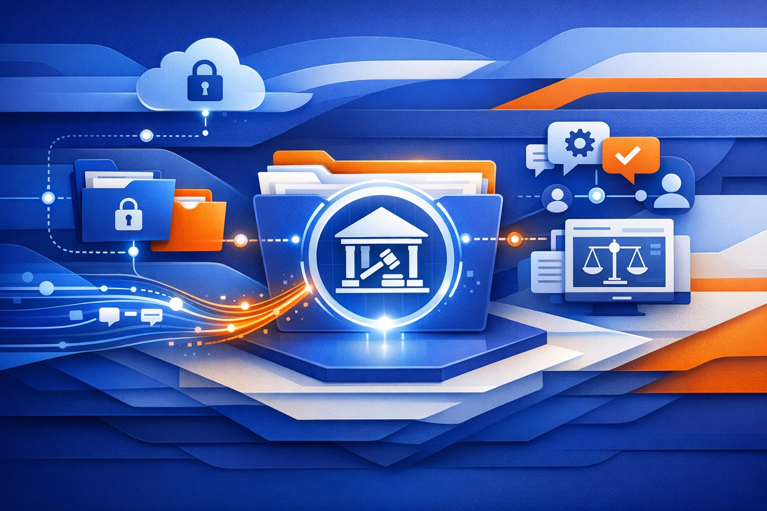 Stylised legal technology workspace with layered folders and collaboration symbols